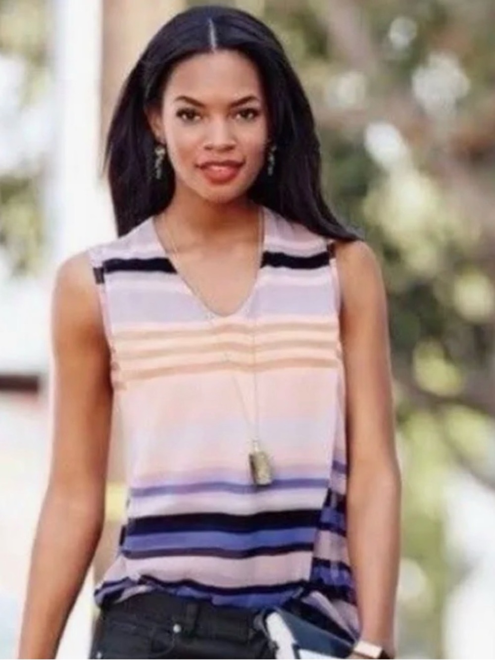CAbi 3273 Underline Striped V-Neck Sleeveless Top in Peach, Gray & Navy